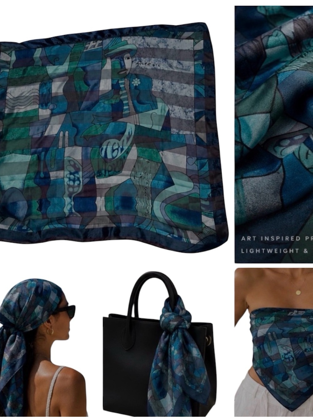 Picasso RARE Vintage Cubism Sheer Striped Blue Color Luxurious Satin Scarf!